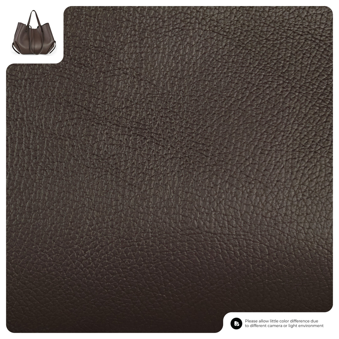 Genuine calf leather tote bag, dark brown pebbled leather texture close-up