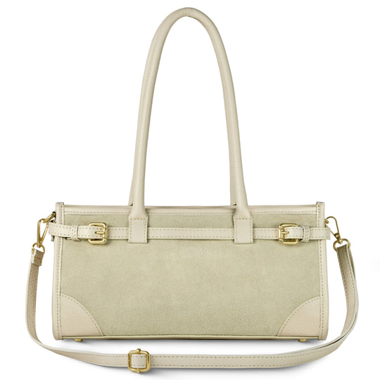 Italian suede &amp; calf shoulder bag in beige, front view with top handles and strap