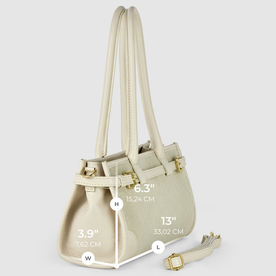 Beige suede &amp; leather shoulder bag, size diagram with inches and cm labels