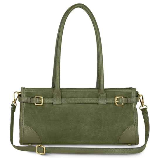Schultertasche, olivgrün aus Wildleder und Kalbsleder, mit Gold-Schnallen und kurzem Tragegurt