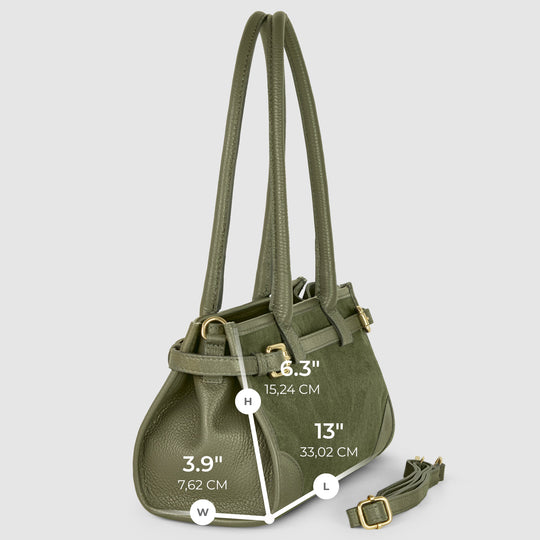 Schultertasche in Olivgrün, Tragegriffe und Umhängeriemen mit Gold-Schnalle; Maßeinblendung