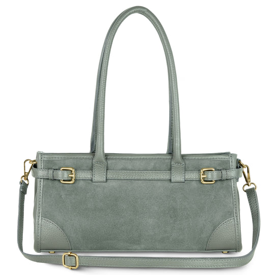 Schultertasche, graues Wildleder- und Kalbslederdesign, Gold-Schnallen und Tragegriff