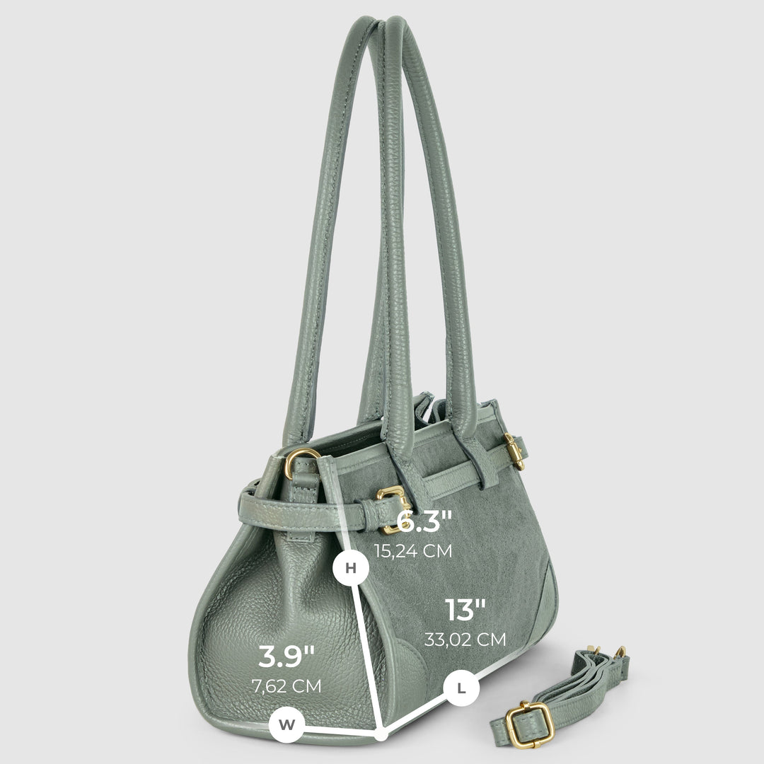 Schultertasche in Grau, Tragegriffe und Umhängeriemen mit Gold-Schnalle; Maßeinblendung