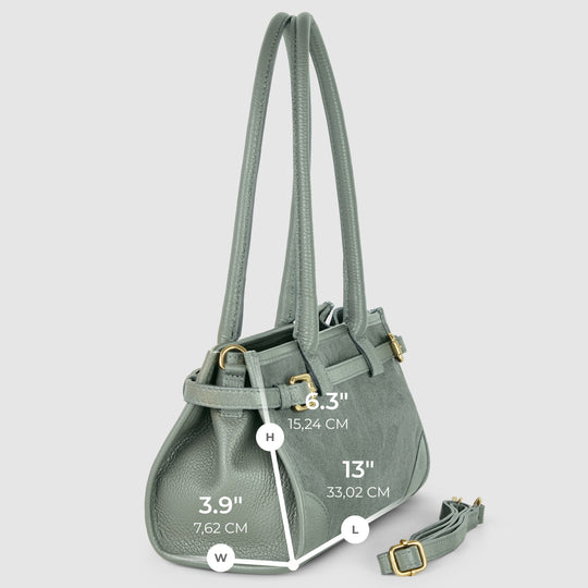 Schultertasche in Grau, Tragegriffe und Umhängeriemen mit Gold-Schnalle; Maßeinblendung