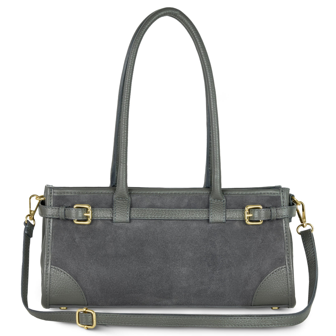 Italian suede &amp; calf shoulder bag in dark grey, front view with top handles and strap