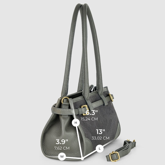 Dark grey suede &amp; leather shoulder bag, size diagram with inches and cm dimensions