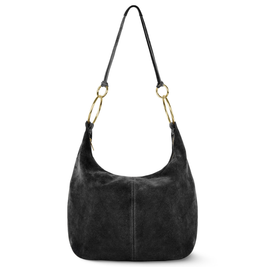 Italian genuine suede hobo bag, black with gold ring handles and single shoulder strap