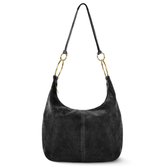 Italian genuine suede hobo bag, black with gold ring handles and single shoulder strap