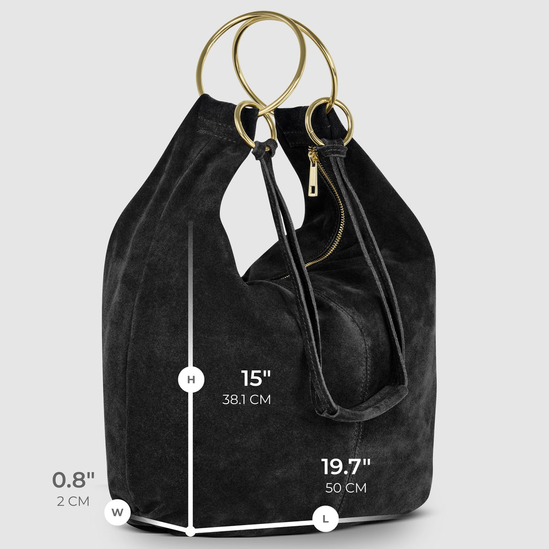Black suede hobo bag with gold ring handles, front zip pocket, and adjustable drawstring detail