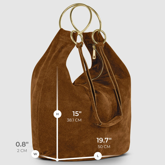 Brown suede hobo bag with gold ring handles, front zip pocket, and drawstring-style closure