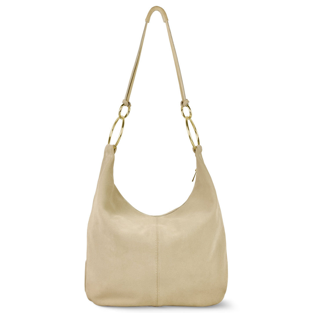 Italian genuine suede hobo bag in beige with curved top and ring handles