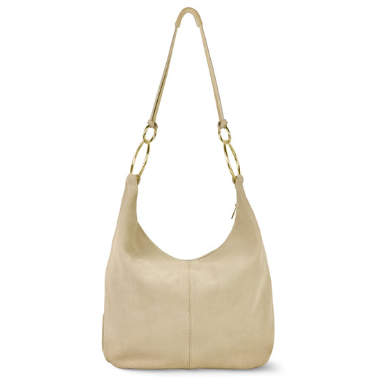 Italian genuine suede hobo bag in beige with curved top and ring handles