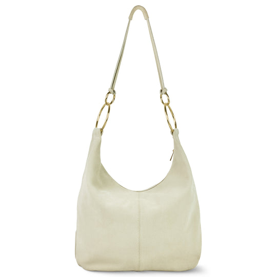 Cream suede hobo bag with gold-tone rings and curved slouchy silhouette