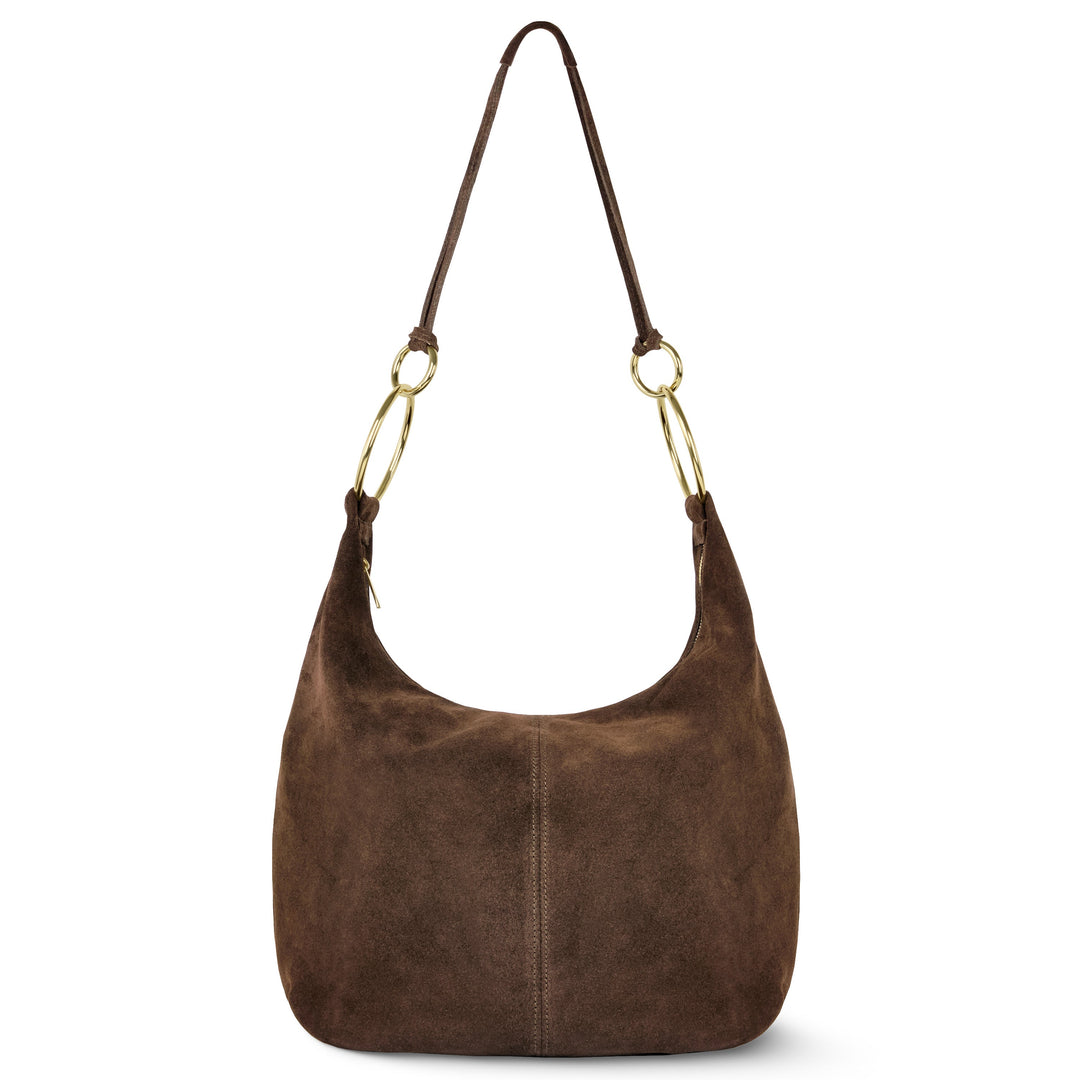 Suede hobo bag with gold-tone rings, slouchy shape, and center seam in brown