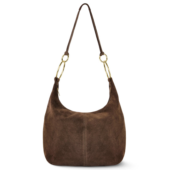 Suede hobo bag with gold-tone rings, slouchy shape, and center seam in brown
