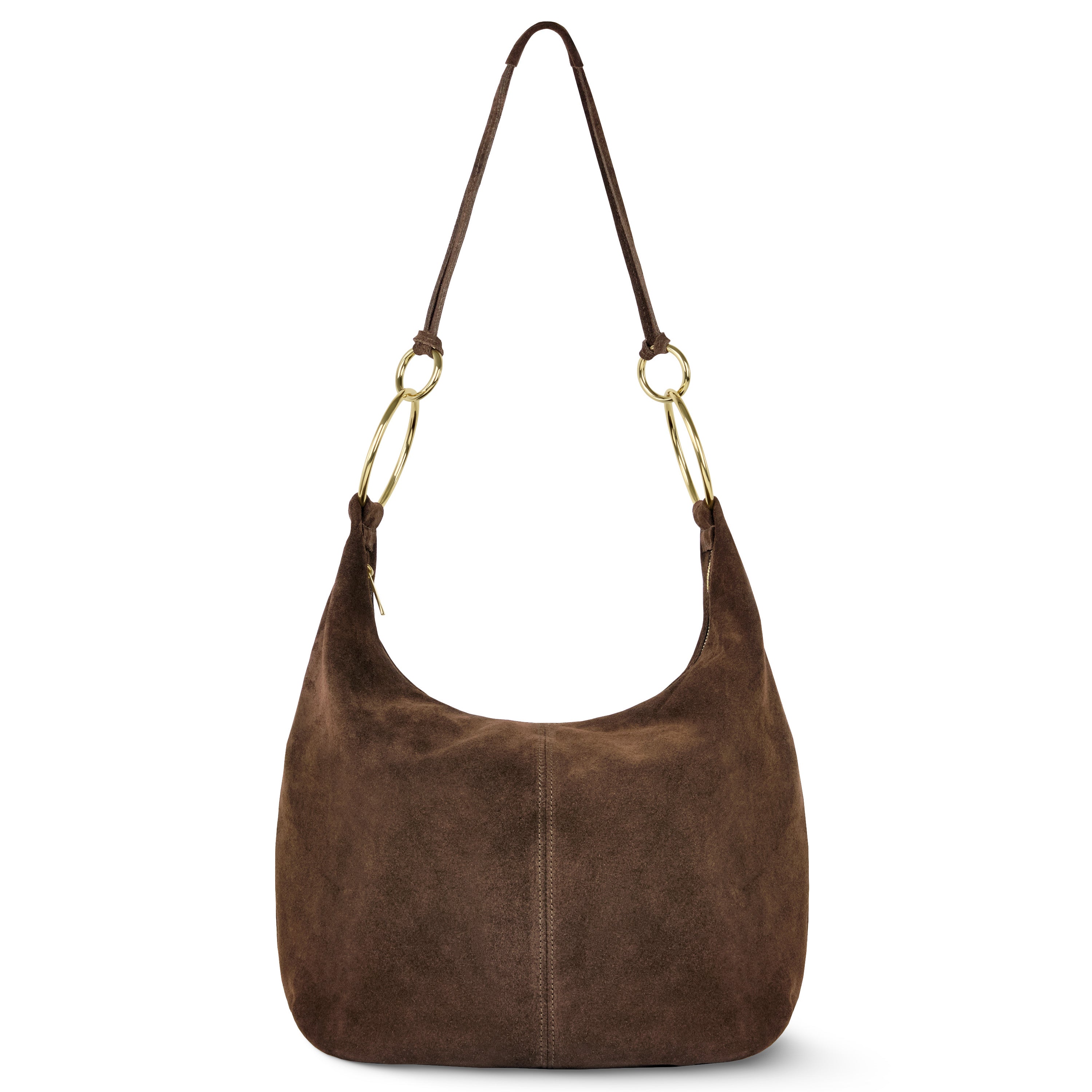 Suede hobo bag with gold-tone rings, slouchy shape, and center seam in brown