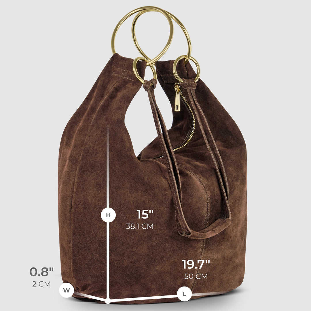 Brown suede hobo bag interior view with zip pocket and gold-tone ring handles