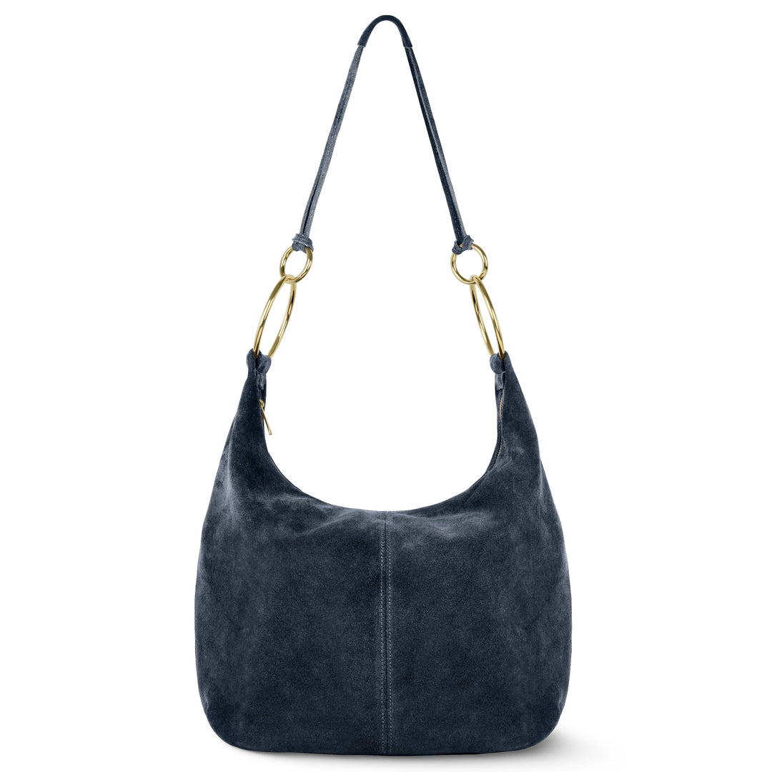 Italian genuine suede hobo bag in dark blue with curved top and ring handles