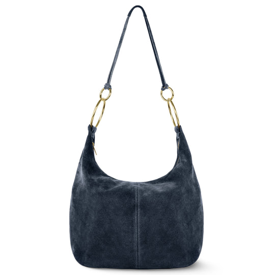 Italian genuine suede hobo bag in dark blue with curved top and ring handles