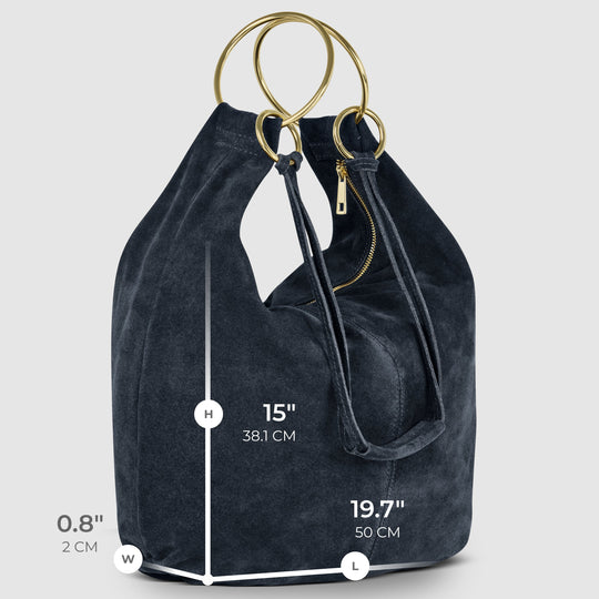 Dark blue suede hobo bag side view with measurements and ring handles