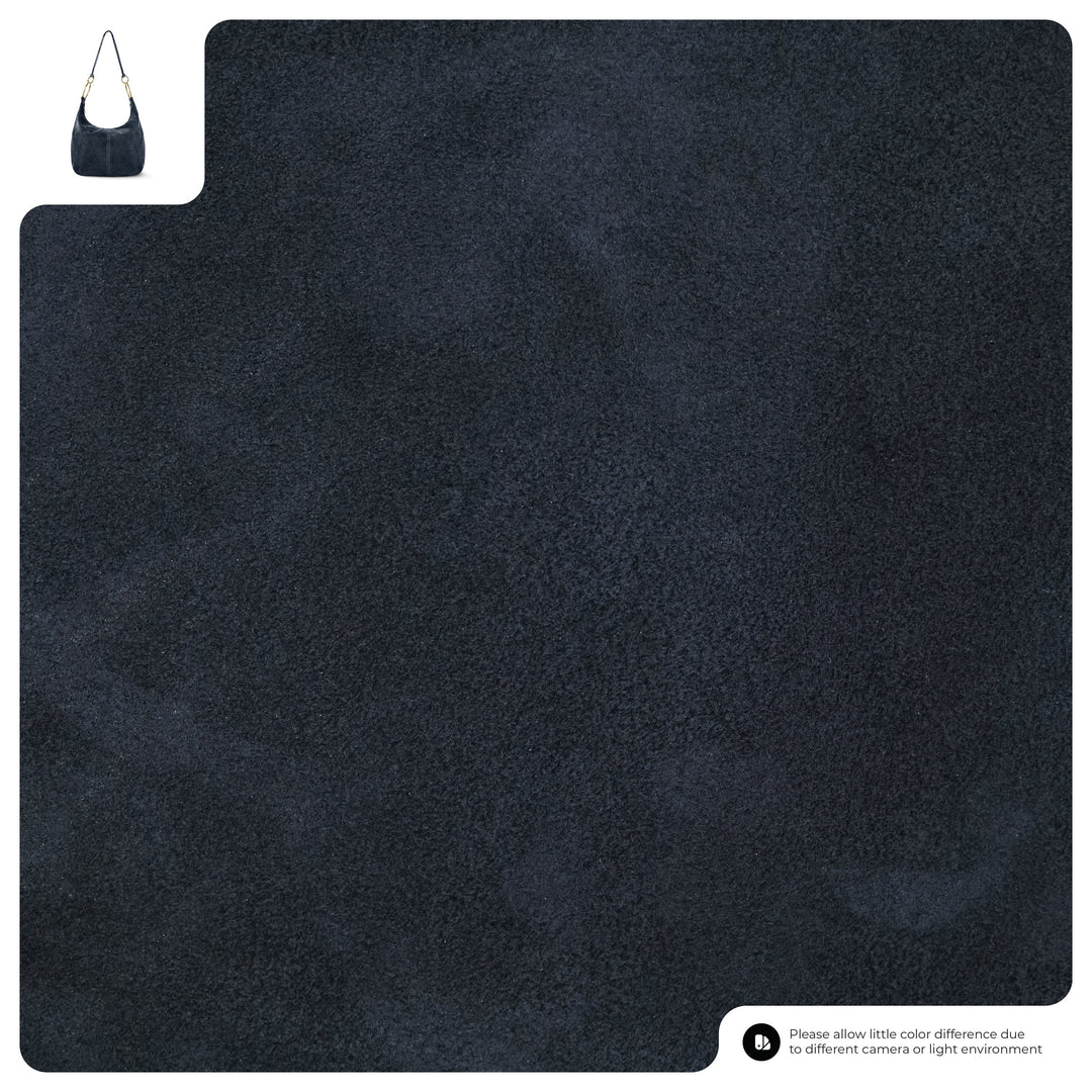 Dark blue suede hobo bag fabric close-up