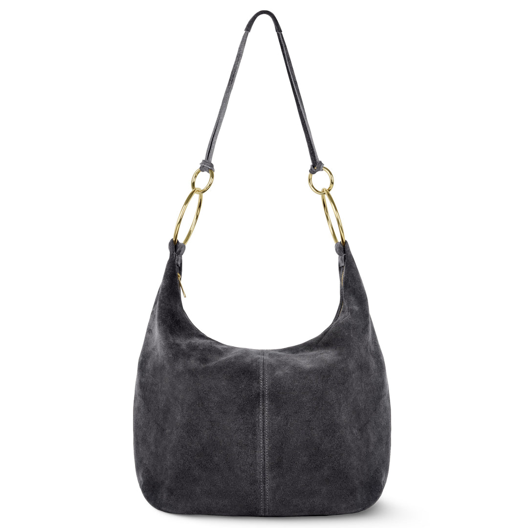 Dark suede hobo bag with gold-tone ring handles and curved shoulder straps