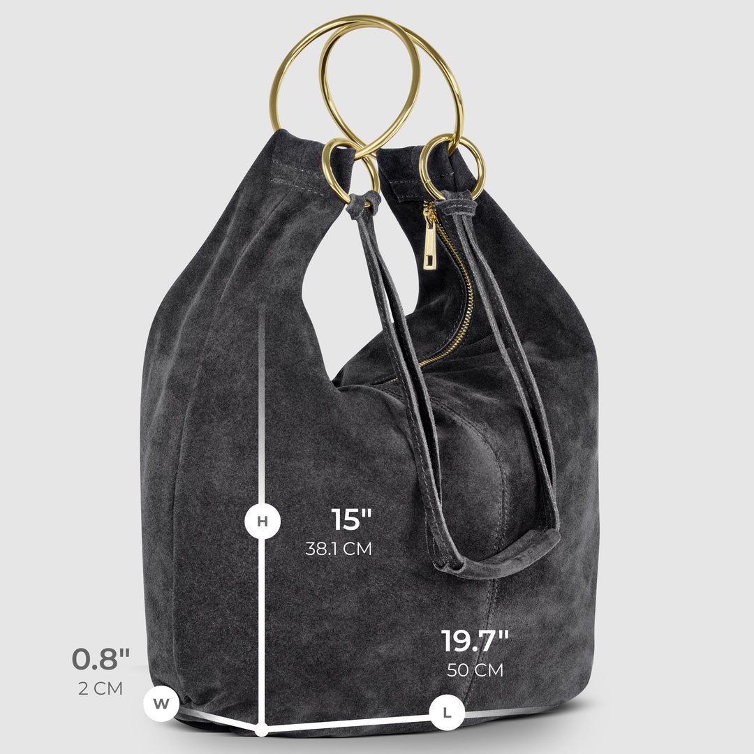 Dark suede hobo bag open-top with inner pocket and gold-tone rings; size marked