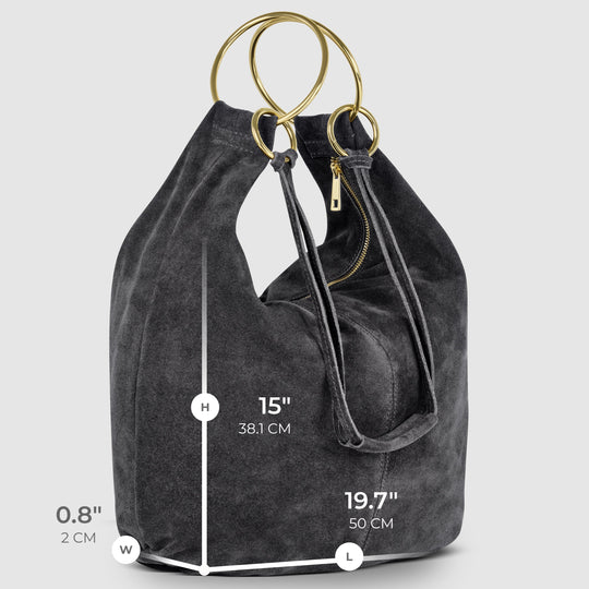 Dark suede hobo bag open-top with inner pocket and gold-tone rings; size marked