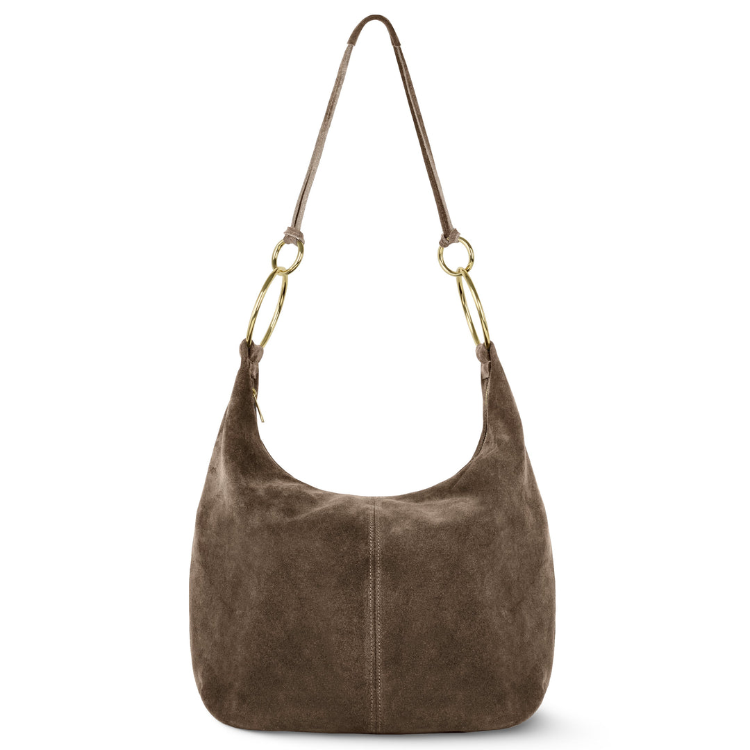 Brown suede hobo bag with gold-tone ring handles and curved shoulder straps