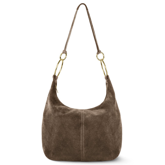 Brown suede hobo bag with gold-tone ring handles and curved shoulder straps
