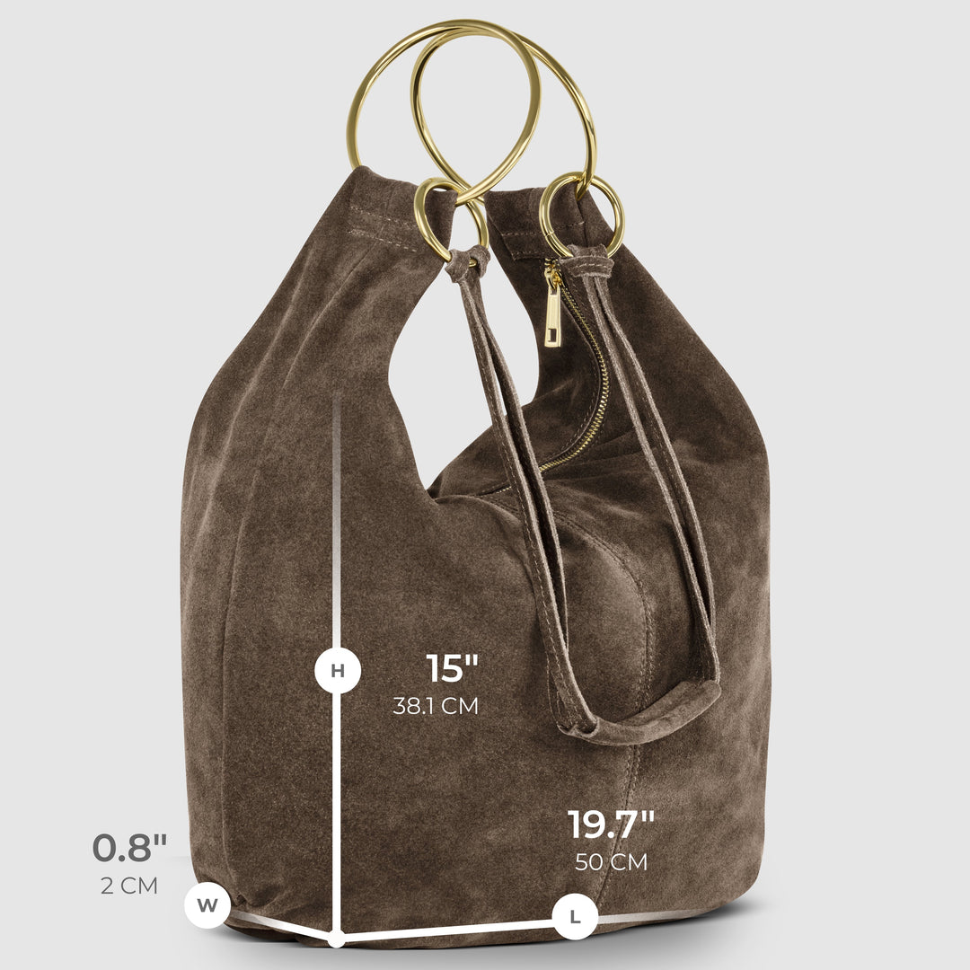 Brown suede hobo bag open-top with inner pocket and gold-tone rings; size marked