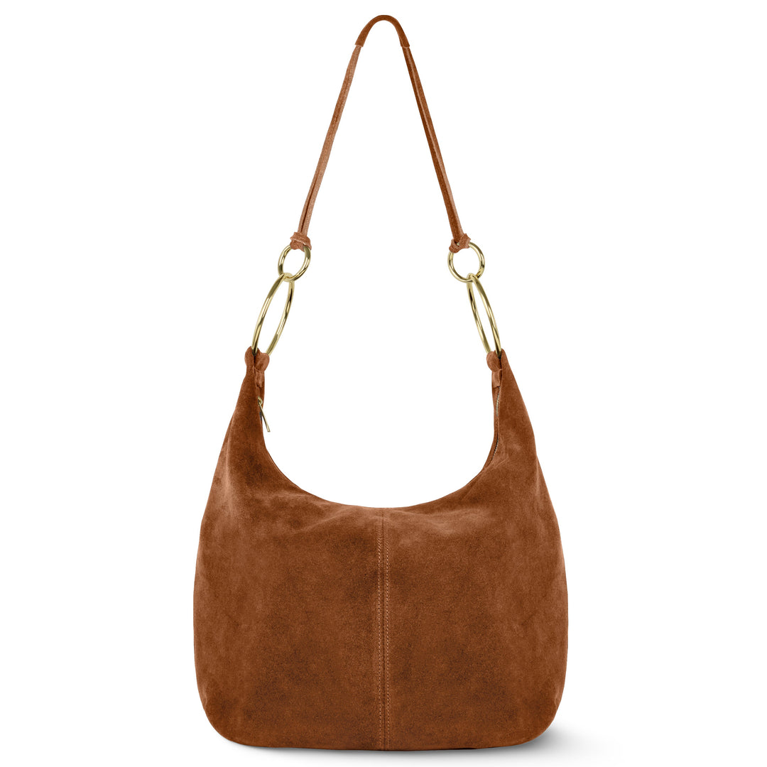 Italian suede hobo bag in chocolate brown with gold rings and top handle