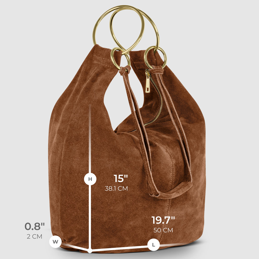 Chocolate suede hobo bag dimensions: 15"W x 19.7"L, gold O-ring handles