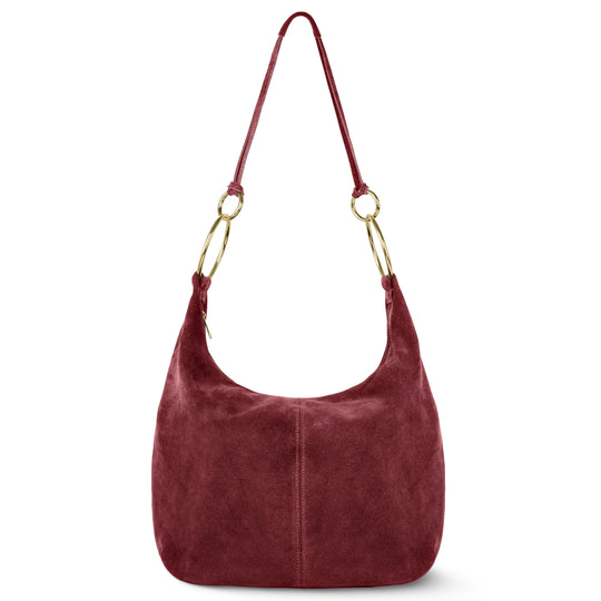Burgundy suede hobo bag with gold rings and top handles