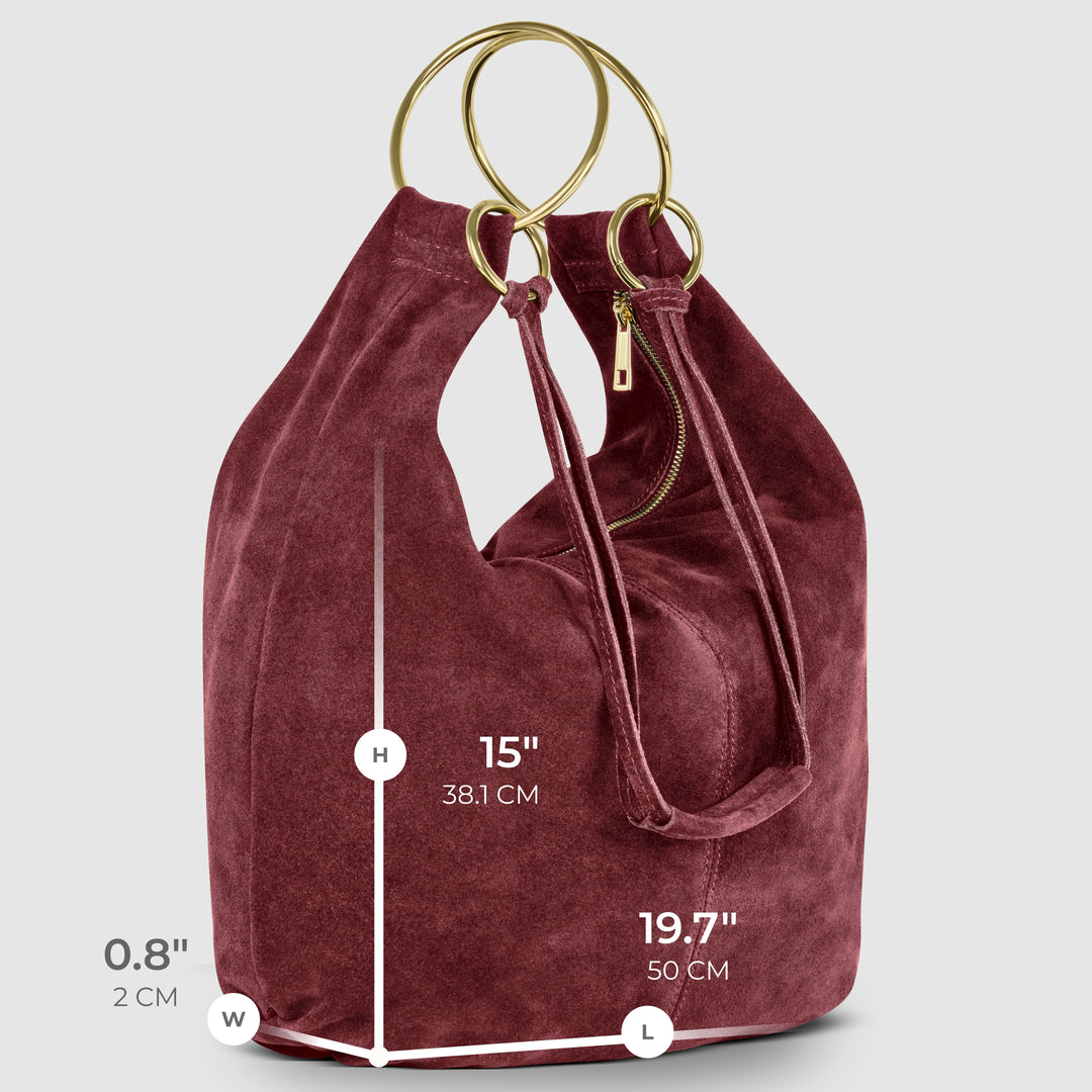 Burgundy suede hobo bag dimensions: 15"W x 19.7"L, gold O-ring handles