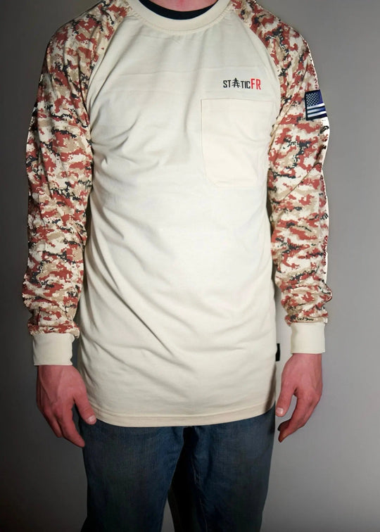 White long-sleeve shirt with tan/black digital camo sleeves, chest logo, front pocket