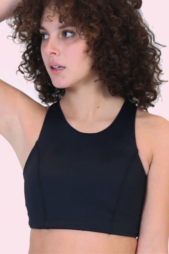 the classic renew bra in dark black, close-up of crew neckline and smooth fabric