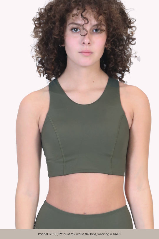 Jade green the classic renew bra, front view with racerback and seam detailing