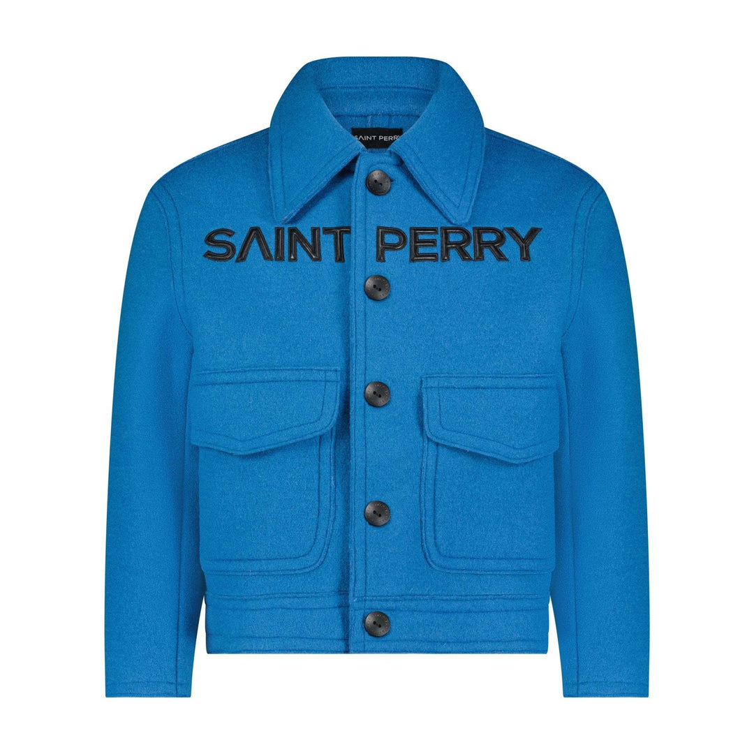 SAINT PERRY Blue Love Boxy Jacket close-up: logo print, dark buttons, chest pockets