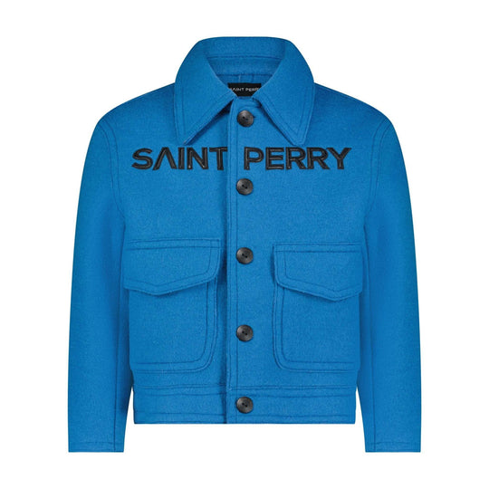 SAINT PERRY Blue Love Boxy Jacket close-up: logo print, dark buttons, chest pockets