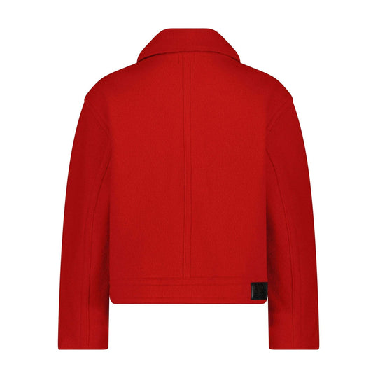 Red boxy jacket flat back view with clean back panel and ribbed hem