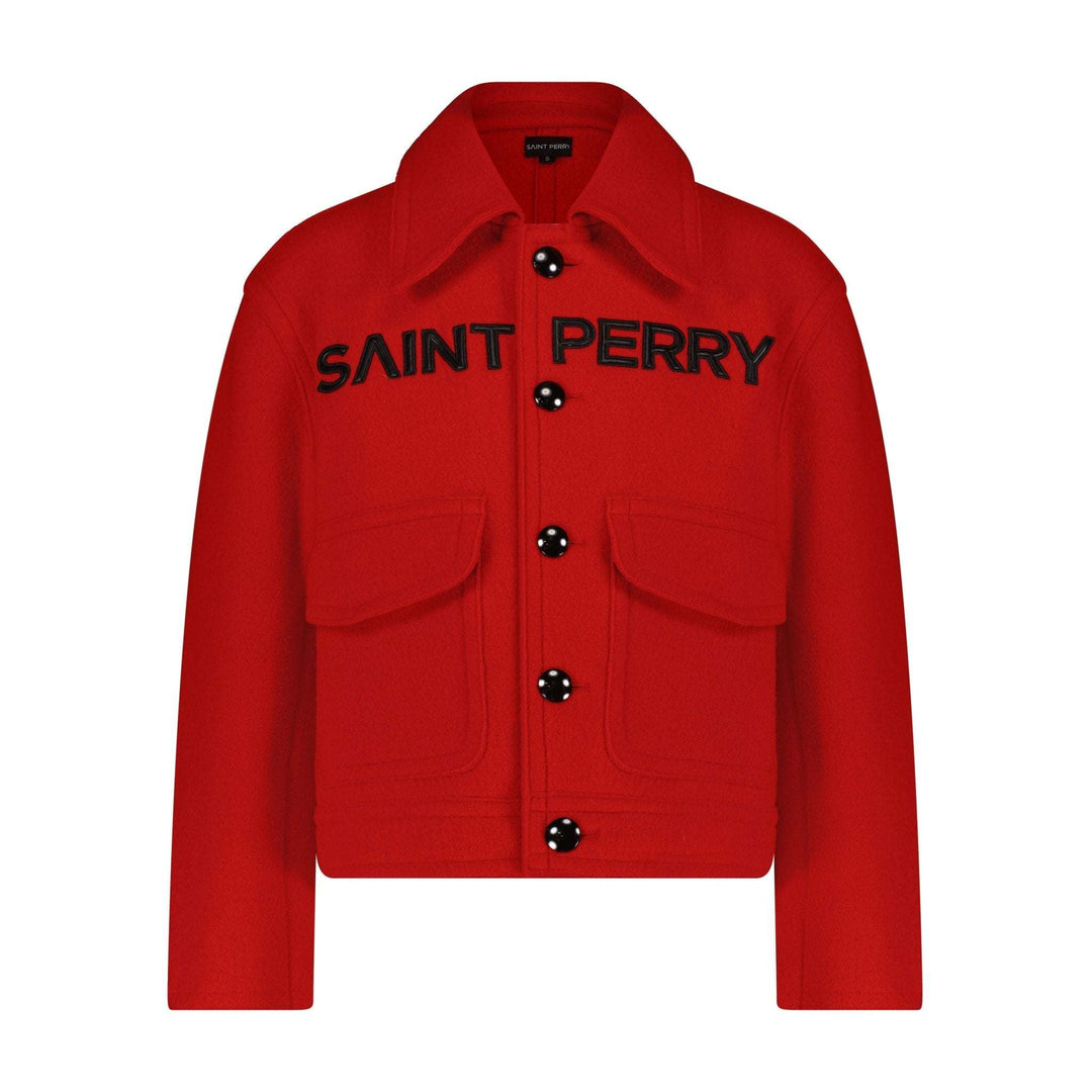 Red boxy jacket flat front view, button closure and two chest flap pockets