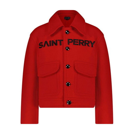 Red boxy jacket flat front view, button closure and two chest flap pockets
