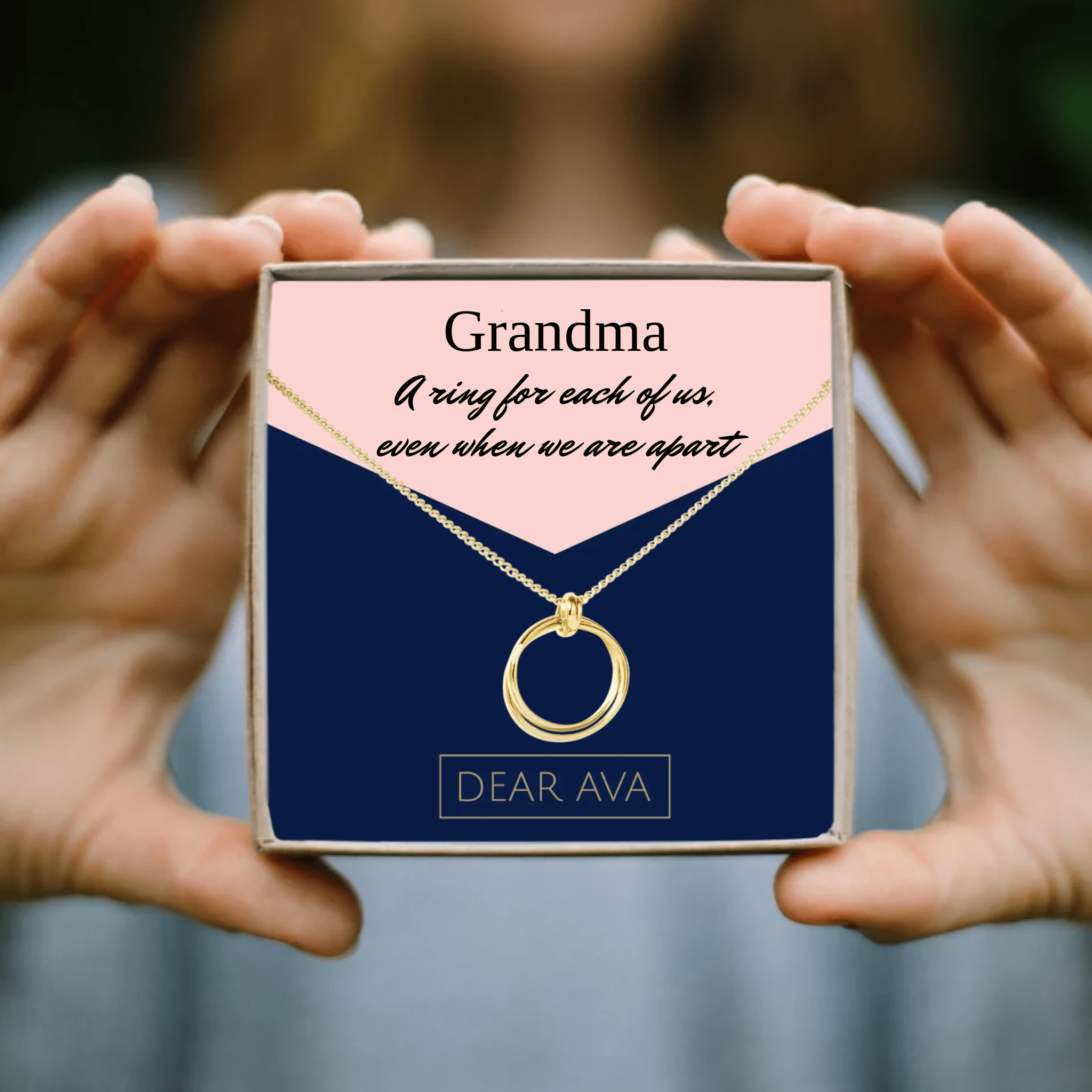 Personalized Grandma card with gold necklace and circular pendant
