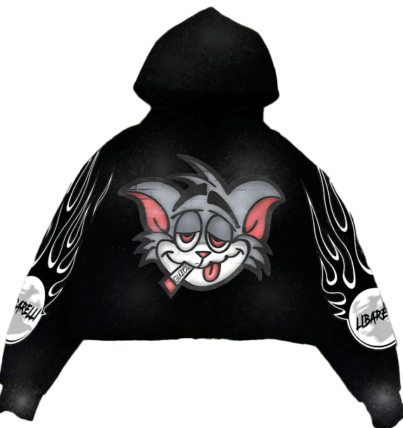 Black Tom hoodie with hood, front cartoon cat graphic, and flame sleeve prints