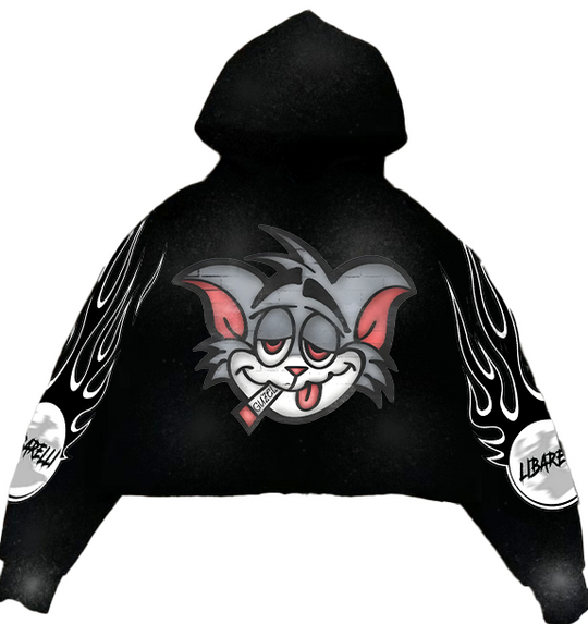 Black Tom hoodie with hood, front cartoon cat graphic, and flame sleeve prints