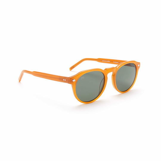 Tribe sunglasses in Blood Orange frame with dark lenses, side profile