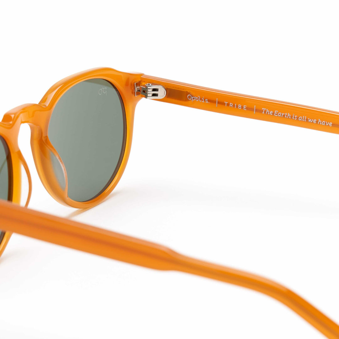 Tribe sunglasses temple detail on Blood Orange frame with tinted lenses