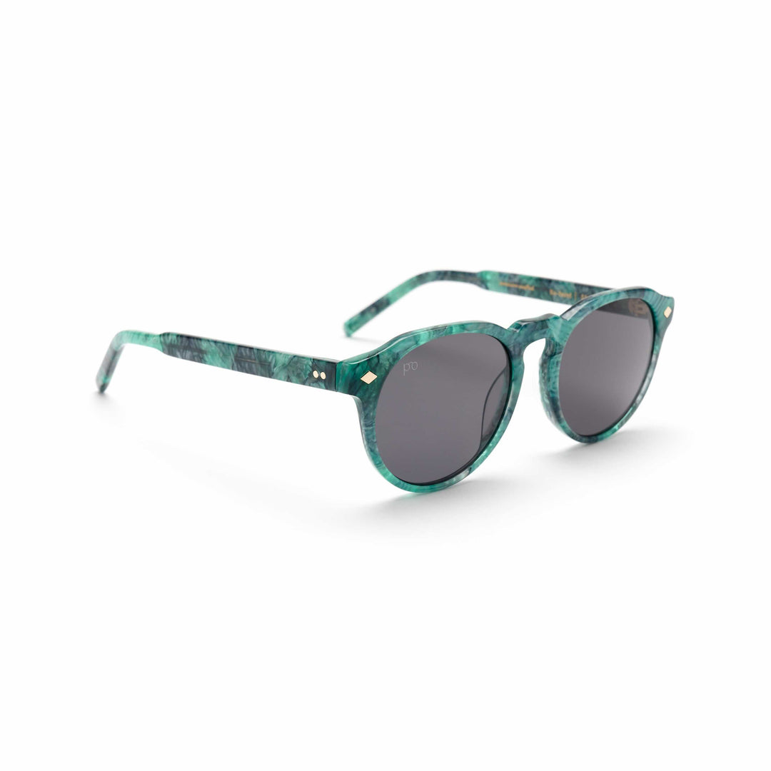 Tribe sunglasses with teal marbled frame and dark lenses