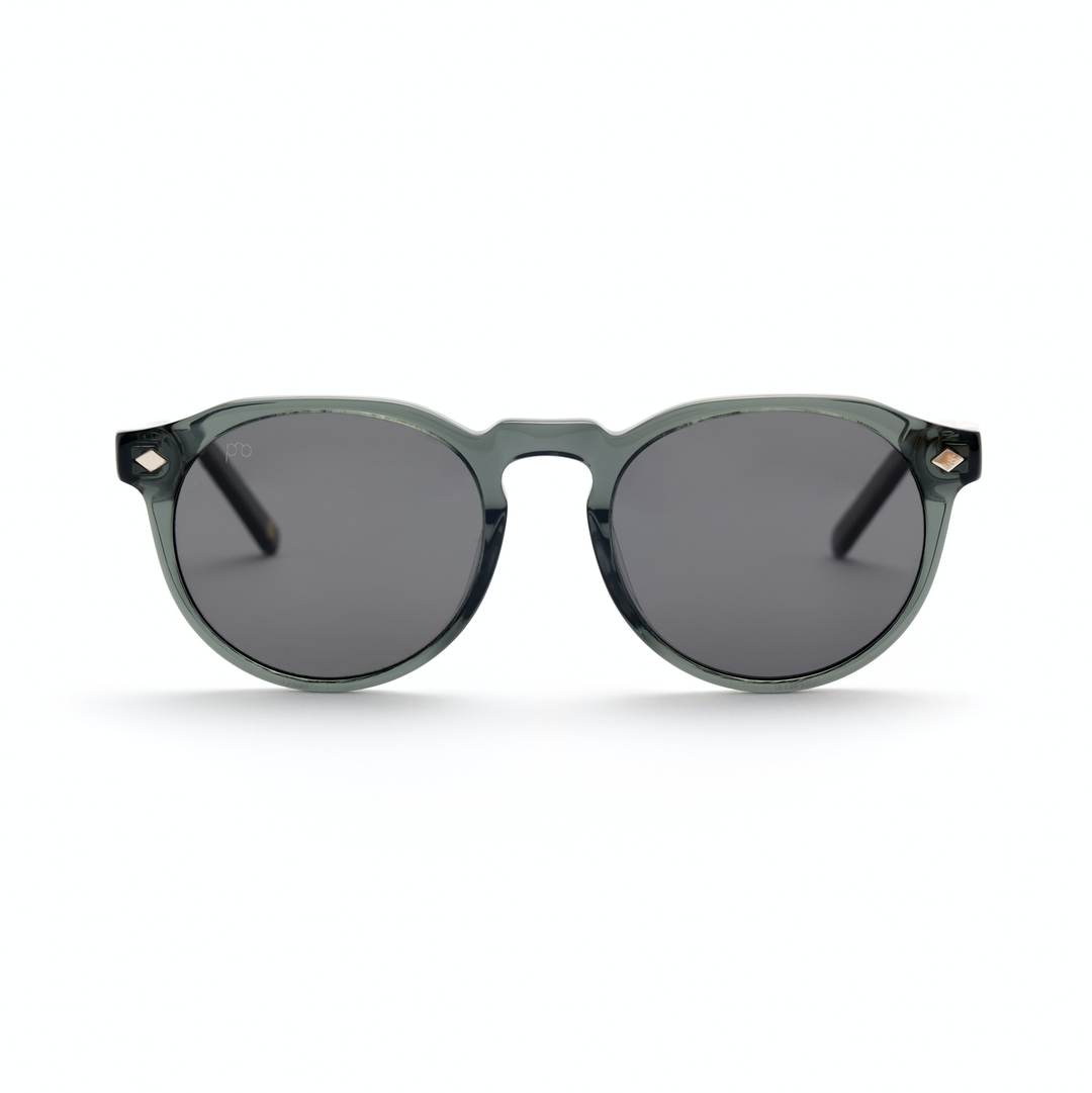 Tribe sunglasses with dark gray frame and smoky lenses, rounded cat-eye style